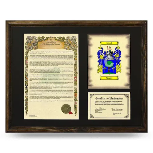Wodes Framed Surname History and Coat of Arms - Brown
