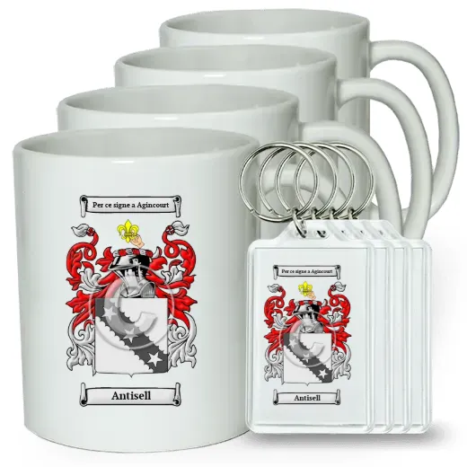 Antisell Set of 4 Coffee Mugs and Keychains