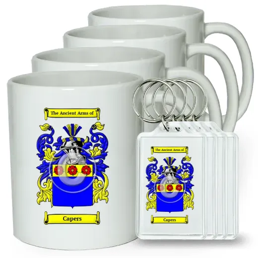 Capers Set of 4 Coffee Mugs and Keychains