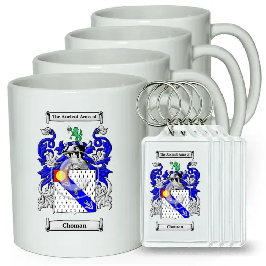 Choman Set of 4 Coffee Mugs and Keychains