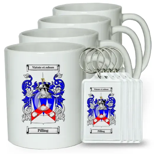 Pilling Set of 4 Coffee Mugs and Keychains