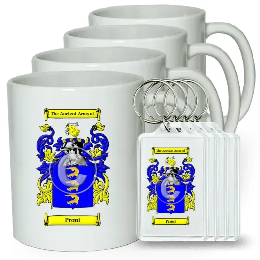 Prout Set of 4 Coffee Mugs and Keychains