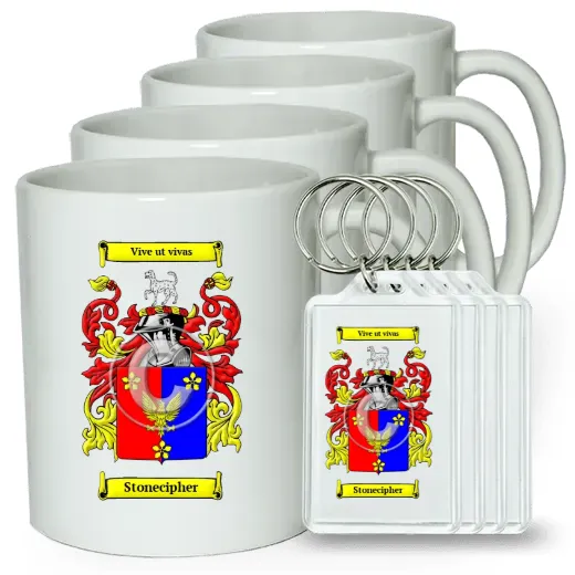 Stonecipher Set of 4 Coffee Mugs and Keychains