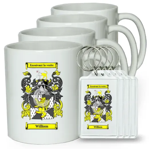 William Set of 4 Coffee Mugs and Keychains