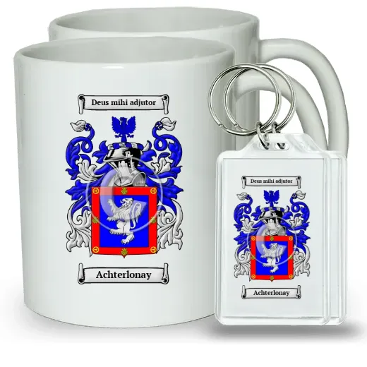 Achterlonay Pair of Coffee Mugs and Pair of Keychains