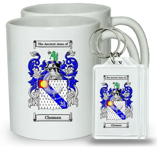 Choman Pair of Coffee Mugs and Pair of Keychains