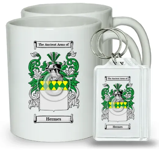 Hermes Pair of Coffee Mugs and Pair of Keychains
