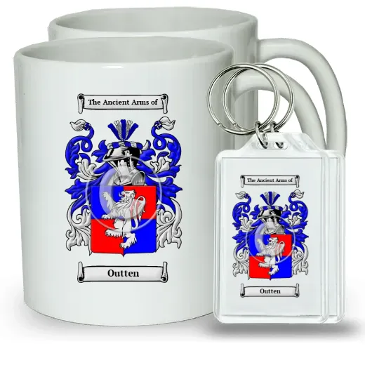 Outten Pair of Coffee Mugs and Pair of Keychains