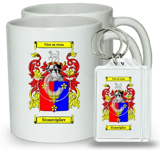 Stonecipher Pair of Coffee Mugs and Pair of Keychains