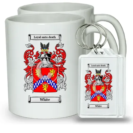 White Pair of Coffee Mugs and Pair of Keychains